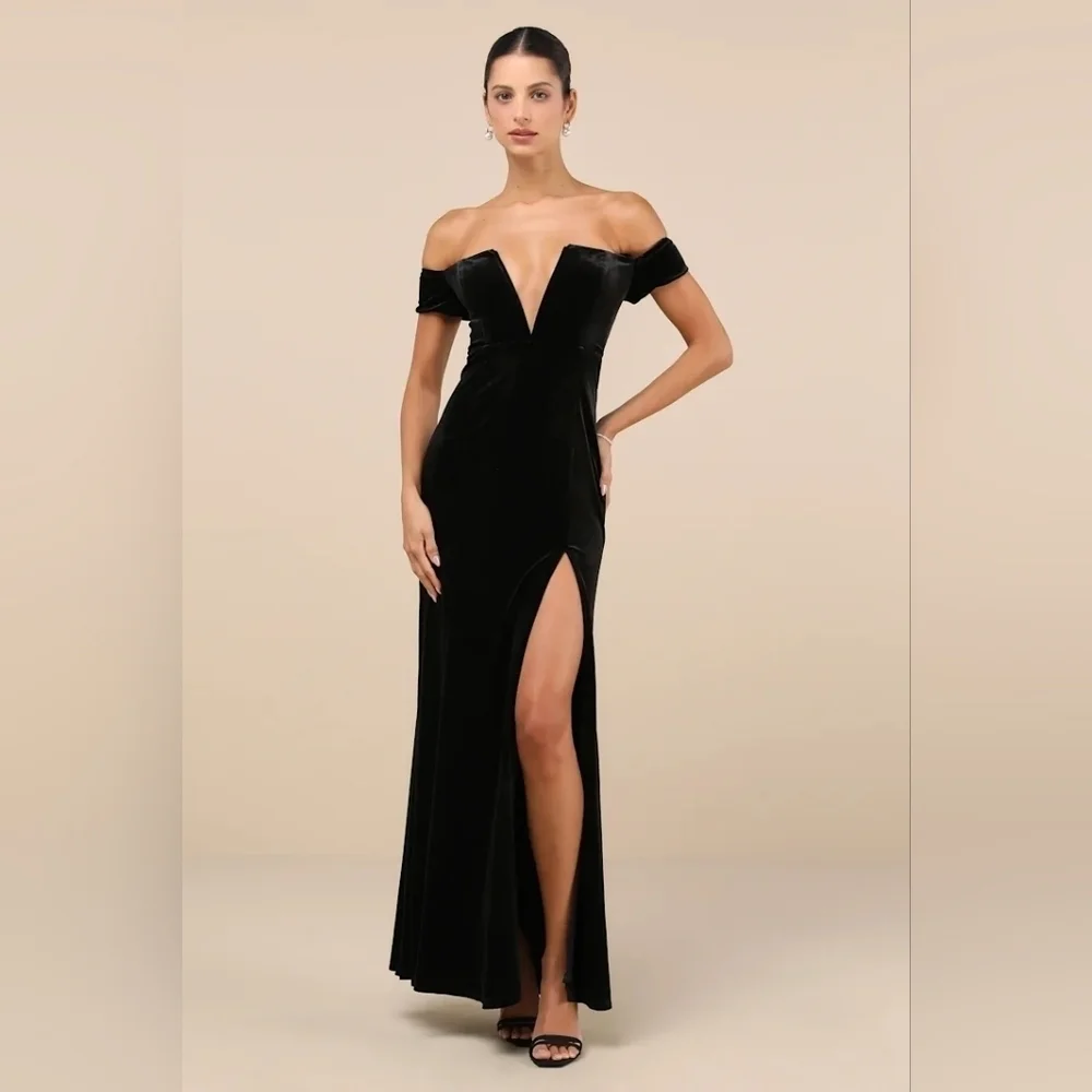 Lulus Captivating Silhouette Black Velvet Off-the-Shoulder Maxi Dress L Wedding